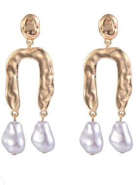Time and Tru Gold Sculptural Drop Earrings with White Pearl Drops
